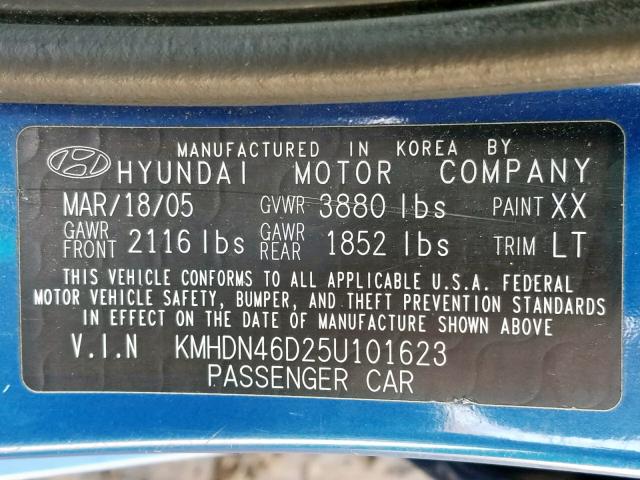 KMHDN46D25U101623 - 2005 HYUNDAI ELANTRA GLS  photo 10