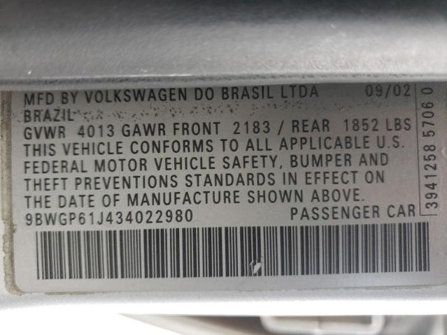 9BWGP61J434022980 - 2003 VOLKSWAGEN GOLF GLS TDI SILVER photo 12