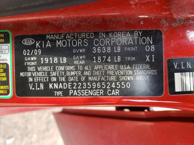 KNADE223596524550 - 2009 KIA RIO BASE RED photo 12