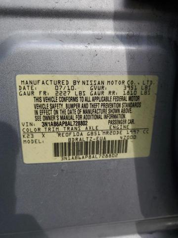 3N1AB6AP8AL728802 - 2010 NISSAN SENTRA 2.0 SILVER photo 12