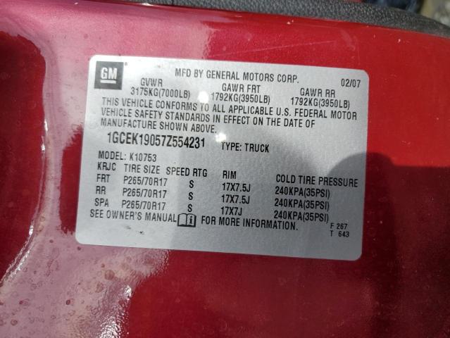 1GCEK19057Z554231 - 2007 CHEVROLET SILVERADO K1500 RED photo 12