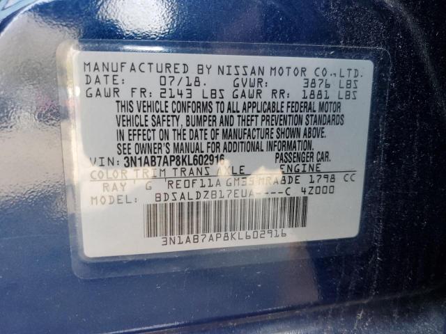 3N1AB7AP8KL602916 - 2019 NISSAN SENTRA S 蓝色 照片 12