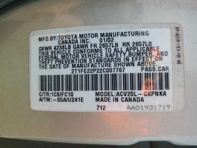 2T1FE22P22C007767 - 2002 TOYOTA CAMRY SOLA SE SILVER photo 12