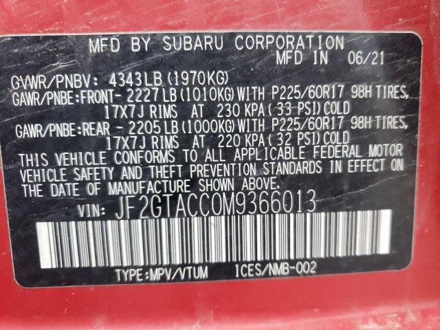 JF2GTACC0M9366013 - 2021 SUBARU CROSSTREK PREMIUM RED photo 12