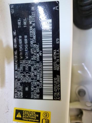 5TDJKRFHXGS352641 - 2016 TOYOTA HIGHLANDER XLE WHITE photo 12