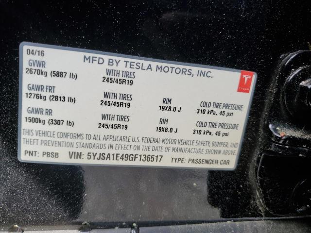 5YJSA1E49GF136517 - 2016 TESLA MODEL S შავი ფოტო 13
