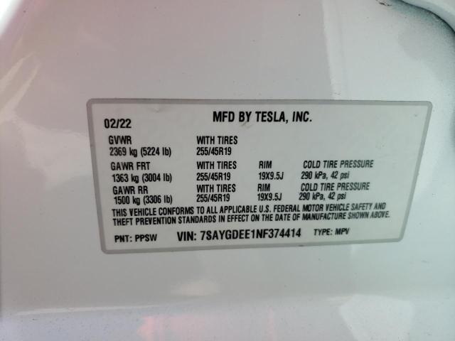 7SAYGDEE1NF374414 - 2022 TESLA MODEL Y WHITE photo 13