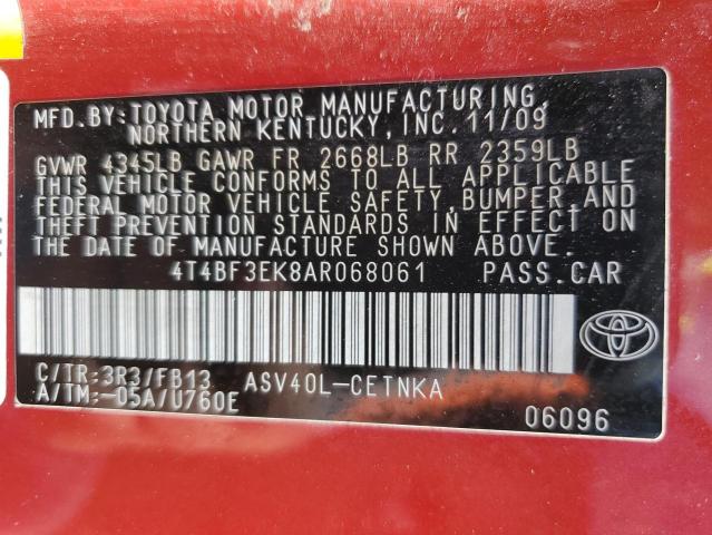 4T4BF3EK8AR068061 - 2010 TOYOTA CAMRY BASE RED photo 12