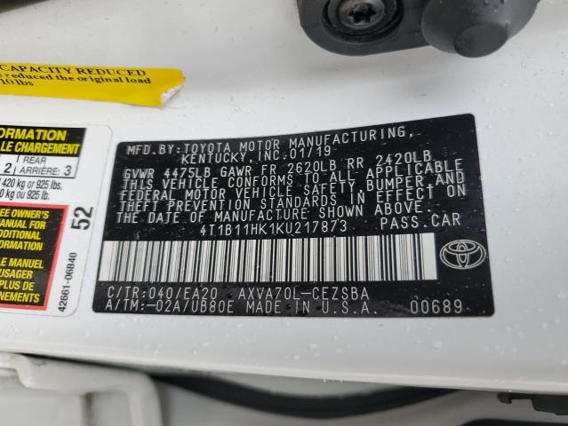 4T1B11HK1KU217873 - 2019 TOYOTA CAMRY L WHITE photo 13