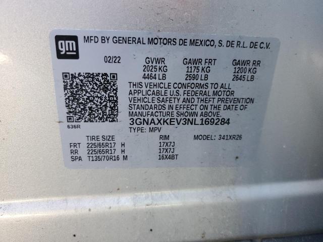 3GNAXKEV3NL169284 - 2022 CHEVROLET EQUINOX LT SILVER photo 13