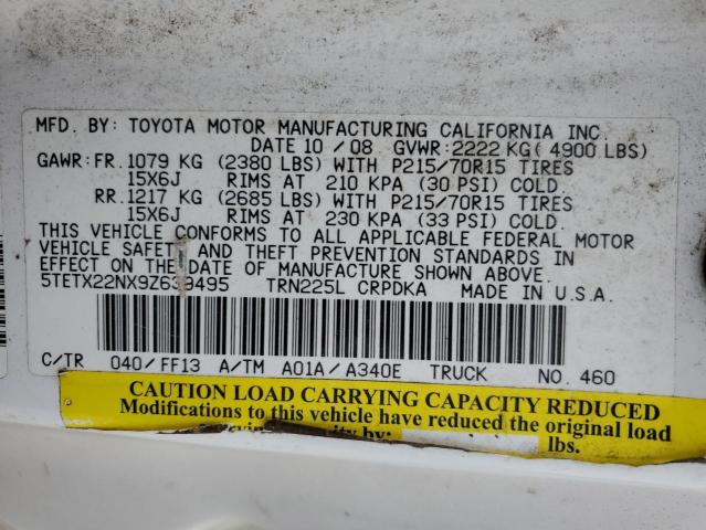 5TETX22NX9Z639495 - 2009 TOYOTA TACOMA ACCESS CAB თეთრი ფოტო 12