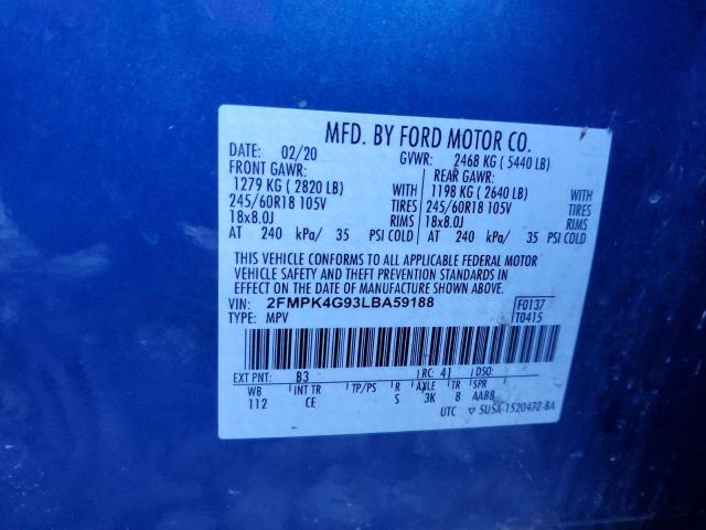 2FMPK4G93LBA59188 - 2020 FORD EDGE SE BLUE photo 13