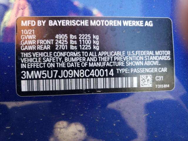 3MW5U7J09N8C40014 - 2022 BMW M340I BLUE photo 12