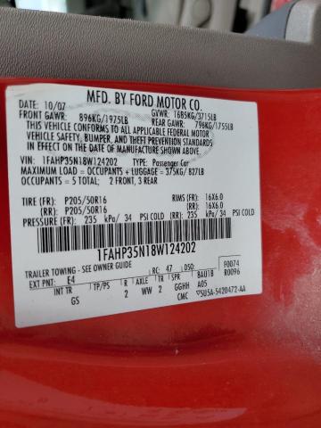 1FAHP35N18W124202 - 2008 FORD FOCUS SE RED photo 12