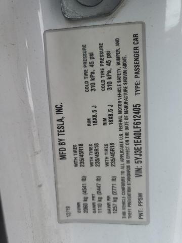 5YJ3E1EA0LF612405 - 2020 TESLA MODEL 3 WHITE photo 13