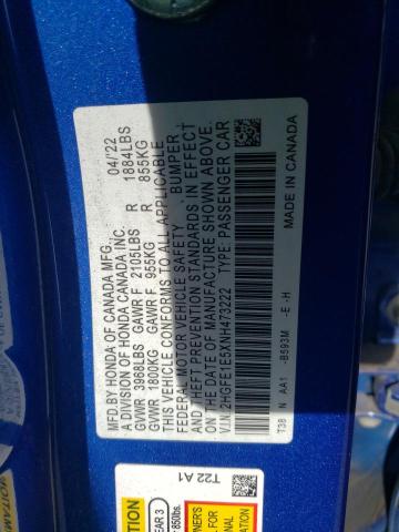 2HGFE1E5XNH473222 - 2022 HONDA CIVIC SI BLUE photo 12