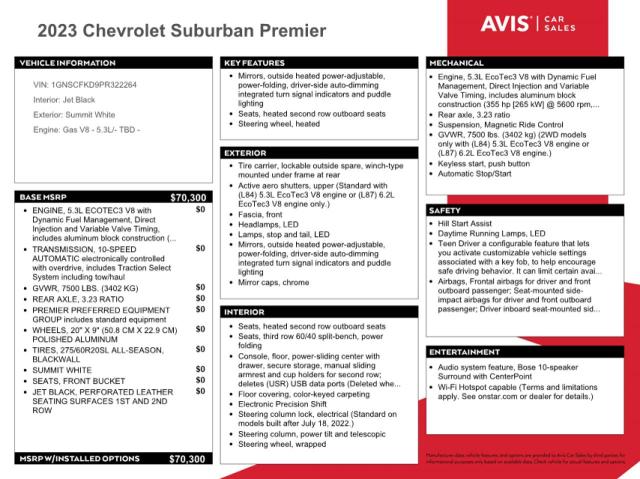 1GNSCFKD9PR322264 - 2023 CHEVROLET SUBURBAN C1500 PREMIER WHITE photo 13