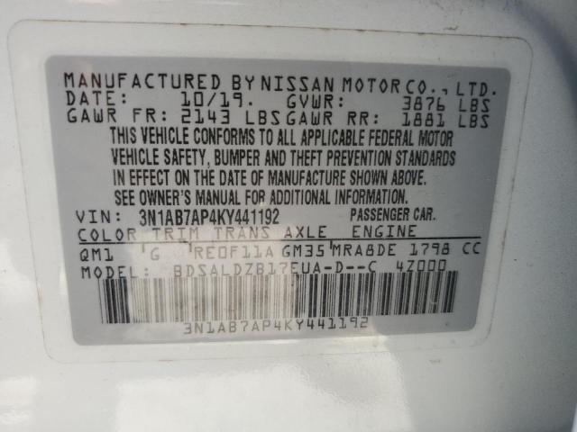 3N1AB7AP4KY441192 - 2019 NISSAN SENTRA S WHITE photo 13