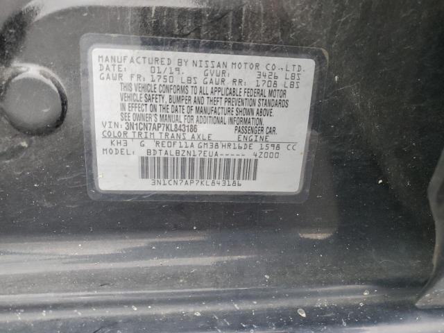 3N1CN7AP7KL843186 - 2019 NISSAN VERSA S BLACK photo 12