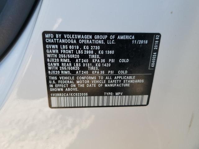 1V2RR2CA1KC522035 - 2019 VOLKSWAGEN ATLAS SEL WHITE photo 13