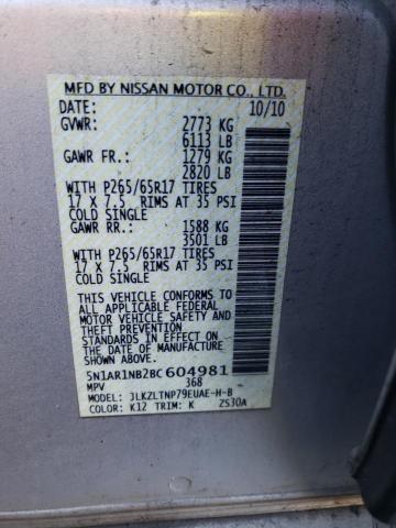 5N1AR1NB2BC604981 - 2011 NISSAN PATHFINDER S SILVER photo 12