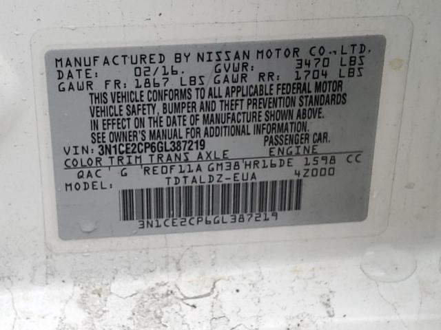 3N1CE2CP6GL387219 - 2016 NISSAN VERSA NOTE S WHITE photo 12