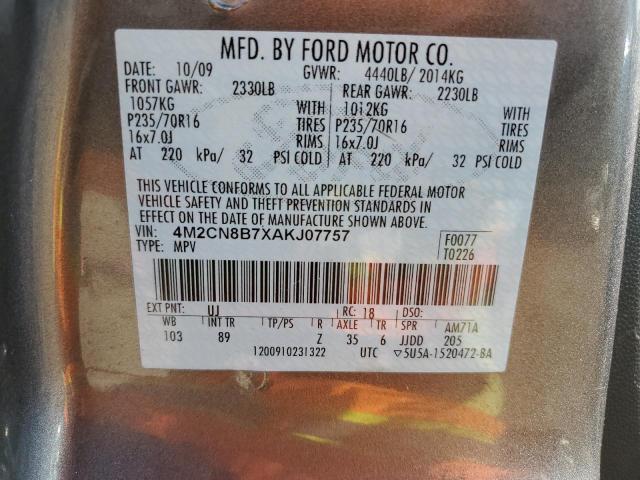 4M2CN8B7XAKJ07757 - 2010 MERCURY MARINER GRAY photo 12