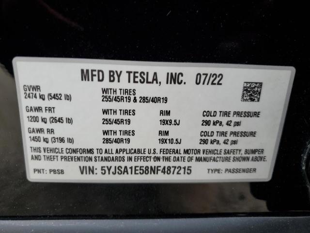 5YJSA1E58NF487215 - 2022 TESLA MODEL S BLACK photo 12