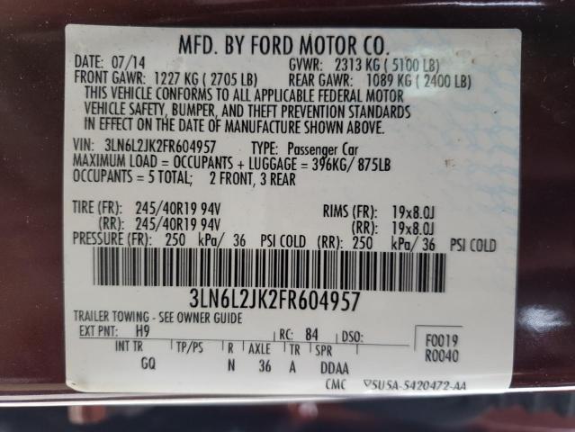 3LN6L2JK2FR604957 - 2015 LINCOLN MKZ BURGUNDY photo 12