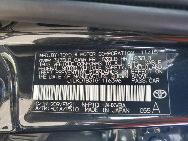 JTDKDTB31G1116396 - 2016 TOYOTA PRIUS C BLACK photo 13