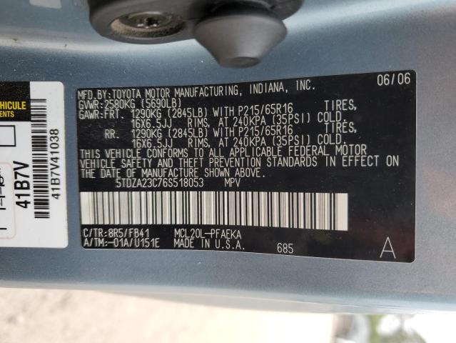 5TDZA23C76S518053 - 2006 TOYOTA SIENNA CE BLUE photo 12