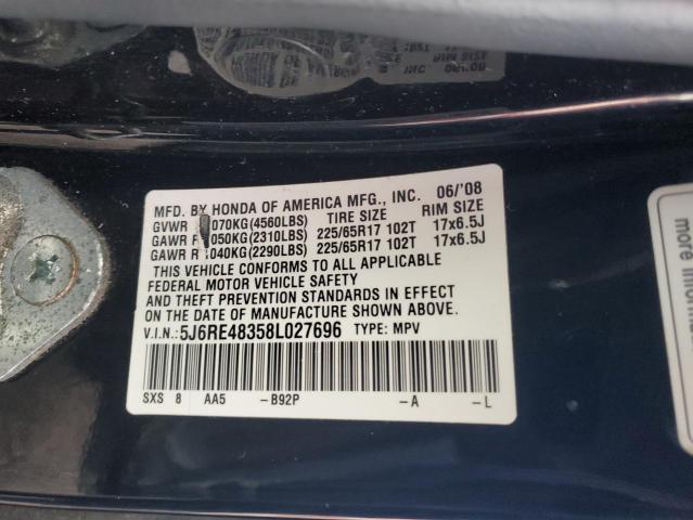 5J6RE48358L027696 - 2008 HONDA CR-V LX BLACK photo 12