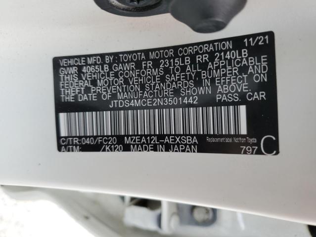 JTDS4MCE2N3501442 - 2022 TOYOTA COROLLA SE WHITE photo 12