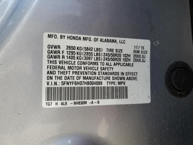 5FNYF6H07HB004889 - 2017 HONDA PILOT ELITE SILVER photo 12