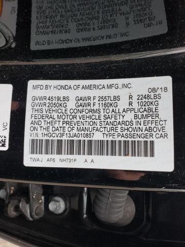 1HGCV3F13JA010857 - 2018 HONDA ACCORD HYBRID BLACK photo 10