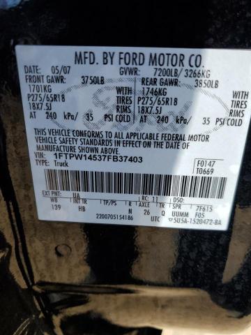 1FTPW14537FB37403 - 2007 FORD F150 SUPERCREW BLACK photo 12