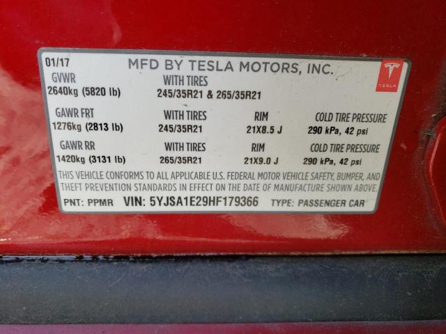 5YJSA1E29HF179366 - 2017 TESLA MODEL S წითელი ფოტო 13