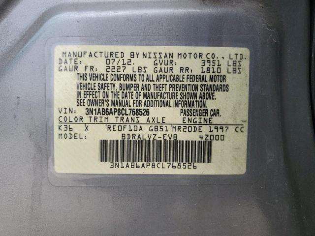 3N1AB6AP8CL768526 - 2012 NISSAN SENTRA 2.0 GRAY photo 12