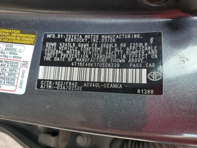 4T1BE46K17U508339 - 2007 TOYOTA CAMRY CE BLACK photo 12