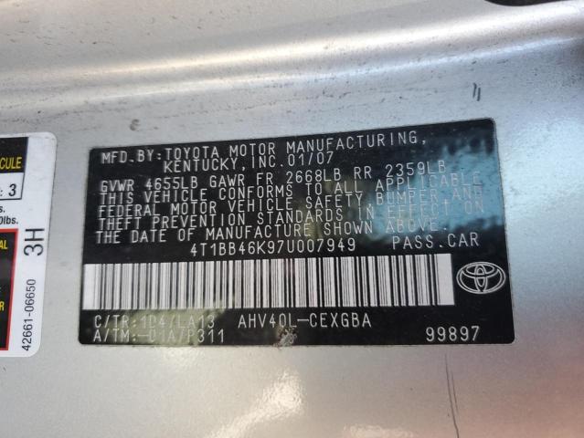 4T1BB46K97U007949 - 2007 TOYOTA CAMRY HYBRID SILVER photo 12