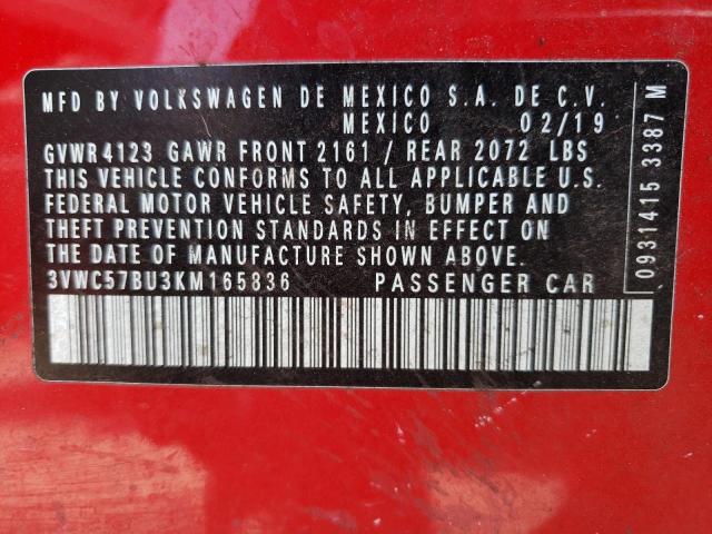 3VWC57BU3KM165836 - 2019 VOLKSWAGEN JETTA S RED photo 12