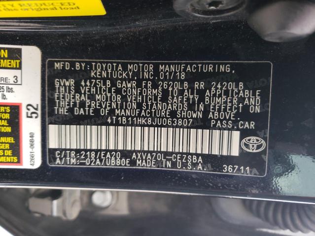 4T1B11HK8JU063807 - 2018 TOYOTA CAMRY L BLACK photo 12