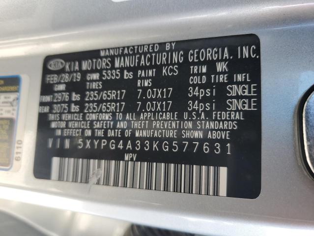 5XYPG4A33KG577631 - 2019 KIA SORENTO L SILVER photo 13