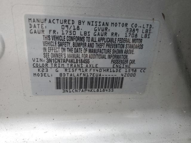 3N1CN7AP4KL818455 - 2019 NISSAN VERSA S SILVER photo 13