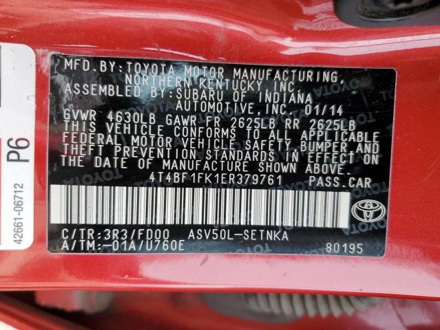 4T4BF1FK1ER379761 - 2014 TOYOTA CAMRY L RED photo 12
