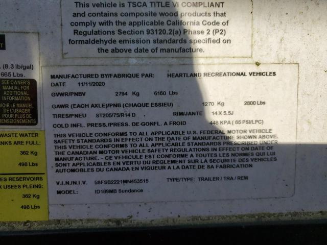 5SFSB2221MN453515 - 2021 HEARTLAND SUNDANCE WHITE photo 10