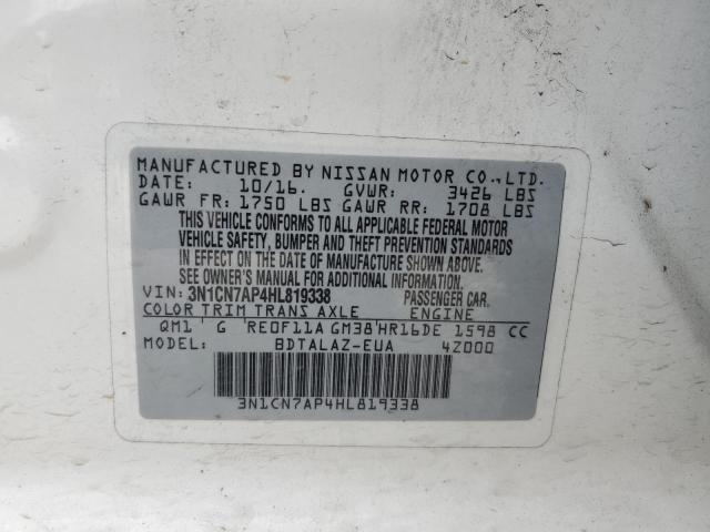 3N1CN7AP4HL819338 - 2017 NISSAN VERSA S WHITE photo 13