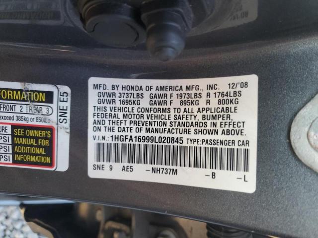 1HGFA16999L020845 - 2009 HONDA CIVIC EXL GRAY photo 12