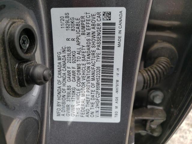 2HGFC2F86MH523326 - 2021 HONDA CIVIC SPORT ნაცრისფერი ფოტო 10