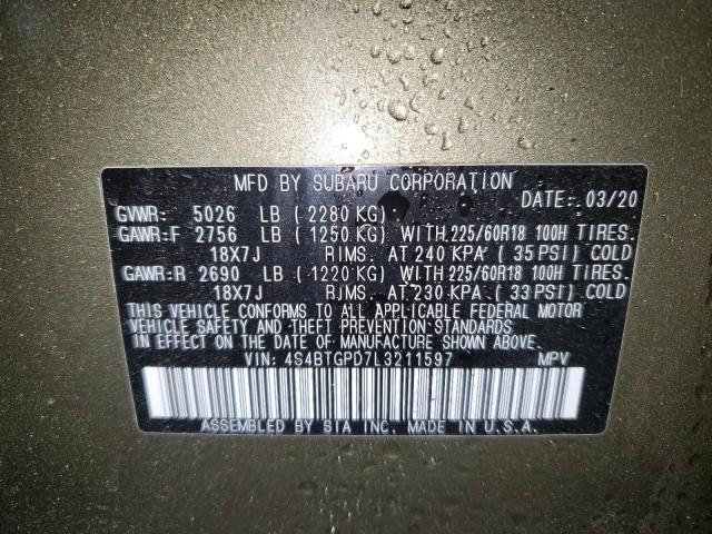 4S4BTGPD7L3211597 - 2020 SUBARU OUTBACK TOURING LDL GREEN photo 13